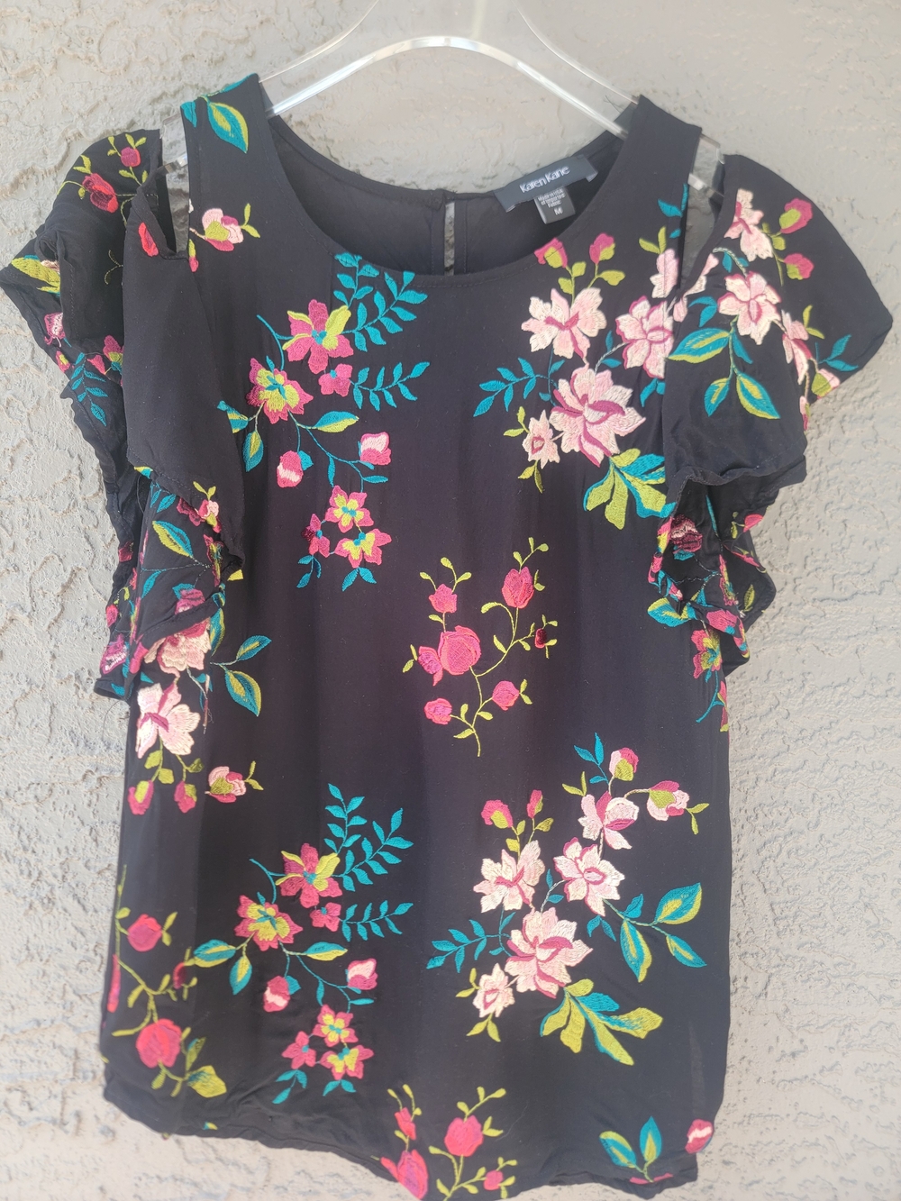 Karen Kane Embroidered Floral Cold Shoulder Blouse Black Size Medium Boho - Picture 8 of 11